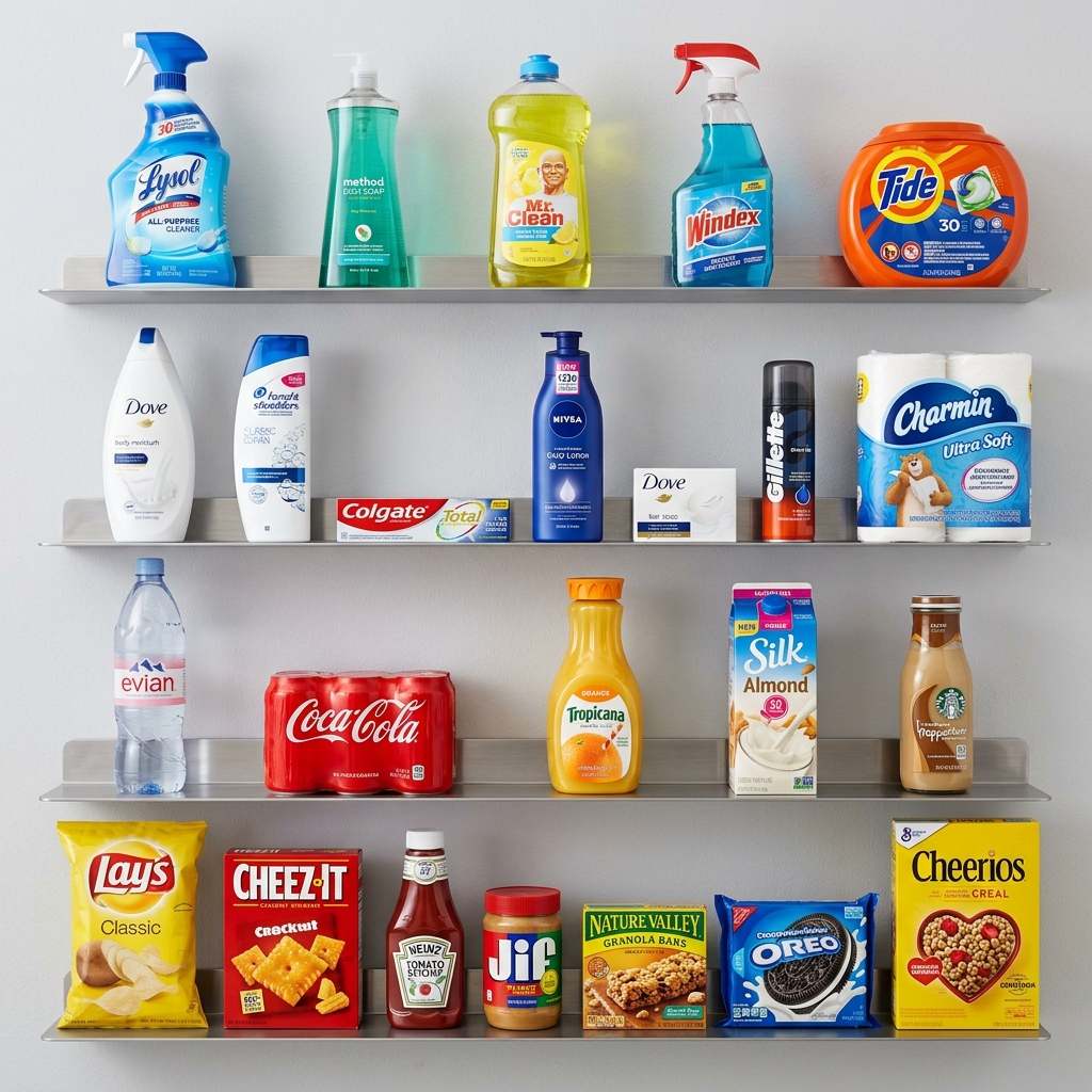 A variety of neatly shelf-stocked retail products and household goods