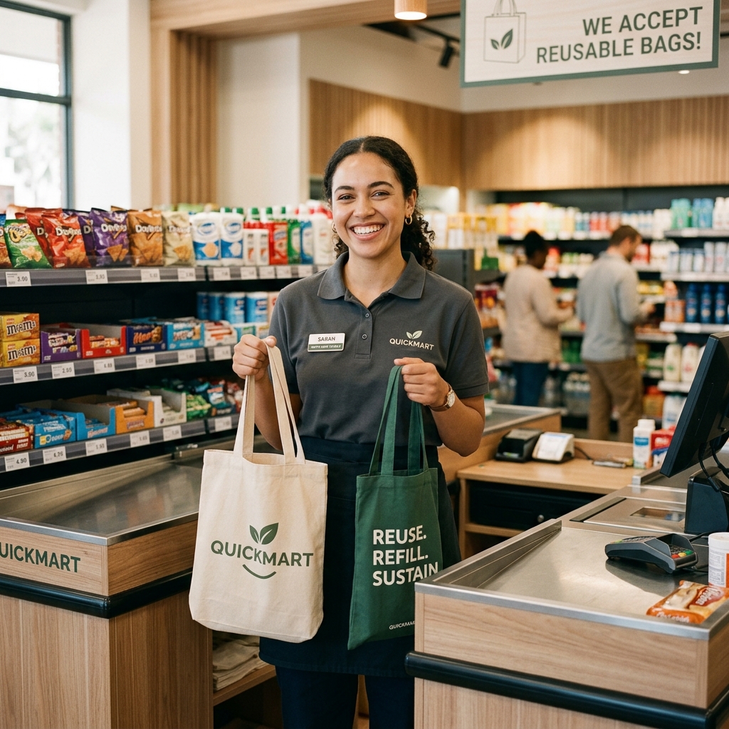 Friendly customer support staff holding shopping bags